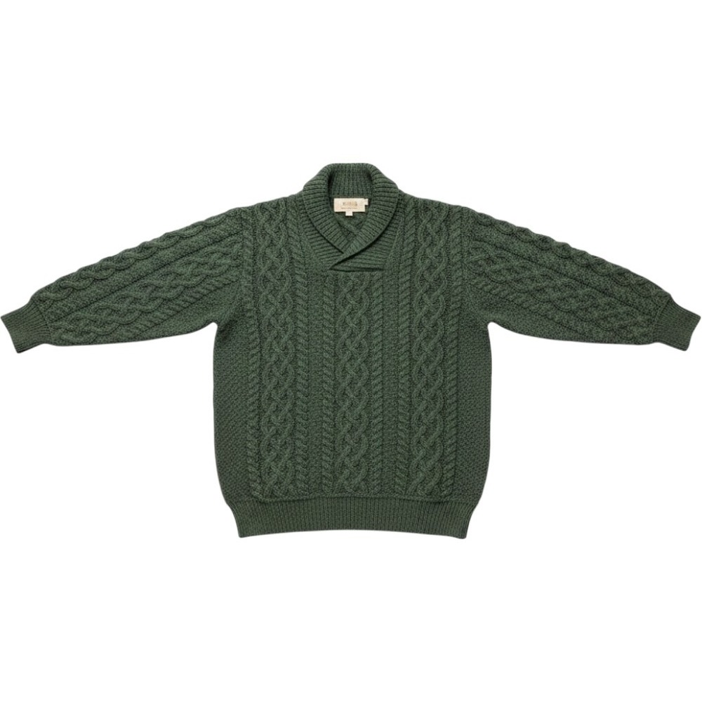Aran Sweater Market Mens Green Merino Wool Cable Knit Shawl Collar Sweater Med